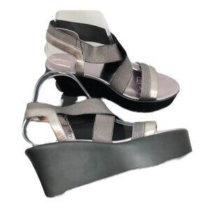 Via Uno Silver metallic  crossed ankle wrap platform wedge sandals size 9